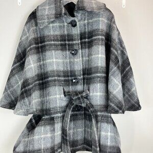 Women's Talbots Grey Wool blend Plaid Poncho button front w/tie